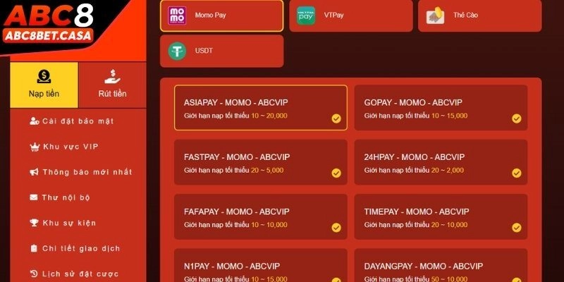 Nạp tiền ABC8 thông qua ví điện tử 
